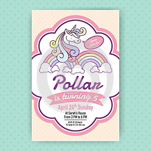 Cute unicorn birthday party invitation illustration design