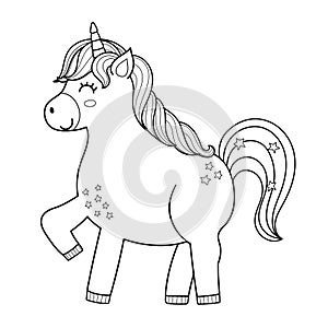 Cute unicorn black and white character for coloring page