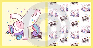 Cute Unicorn Break Dance Hip hop illustration and seamless pattern. tape illustration