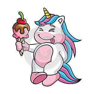 Cute Unicorn Cartoon bring Ice Cream with Sweet Smile