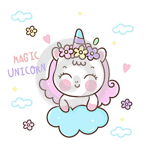 Cute unicorn cartoon fairy pony Child vector with flower and sweet background