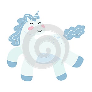 Cute unicorn in cartoon flat style. Vector illustration of baby horse, pony animal in blue color for fabric print