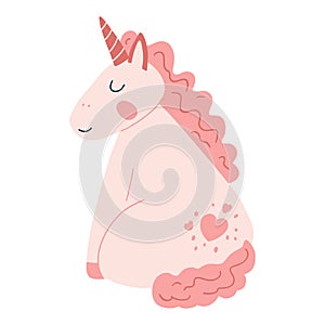 Cute unicorn in cartoon flat style. Vector illustration of baby horse, pony animal in pink color for fabric print