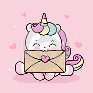 Cute unicorn cartoon and love letter vector Valentines day