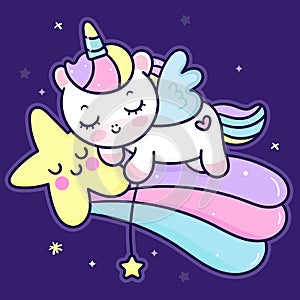 Cute Unicorn cartoon sleep on star pony child cartoon kawaii animals background sweet dream