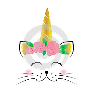 Cute unicorn cat face with flowers. Baby vector illustratio