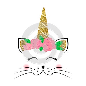 Cute unicorn cat face with flowers and glitter. Baby vector illustration