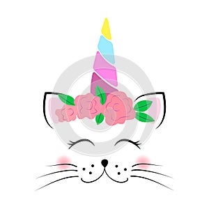 Cute unicorn cat face with flowers and rainbow horn. Baby vector illustration