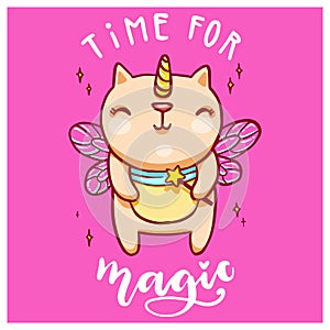 Cute unicorn cat with fairy wings and magic wand. Handwritten time for magic lettering. Vector colorful illustration