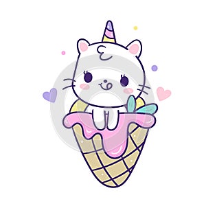 Cute Unicorn cat mermaid vector with sweet ice cream cone Kawaii animal: Pastel color