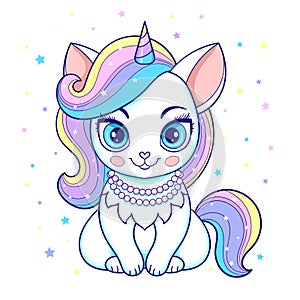 Cute unicorn cat with rainbow mane. Vector