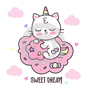 Cute Unicorn cat sleepy baby on Candy cotton cloud sweet dream