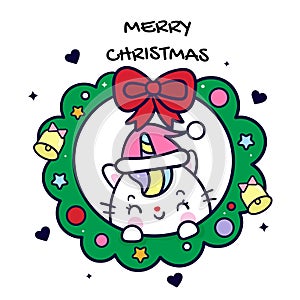 Cute unicorn cat vector Christmas character cartoon Illustration Kawaii animal winter merry x mas Santa hat Fancy dress