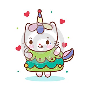 Cute unicorn cat vector Christmas tree character cartoon Kawaii animal winter merry x mas Fancy dress