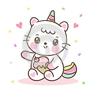 Cute Unicorn cat vector hoding ice cream with sweet candy pony cartoon sweet dessert yummy food photo