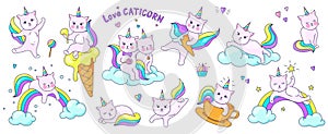 Cute unicorn cats. Funny doodle kitty characters on clouds and rainbows, kids doodle stickers in pastel colors. Vector