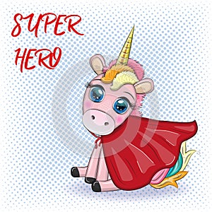 Cute unicorn character with cloak as super hero. Cartoon design illustration isolated