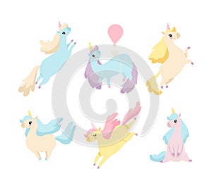 Cute Unicorn Character with Pointed Spiraling Horn and Colorful Mane Vector Set