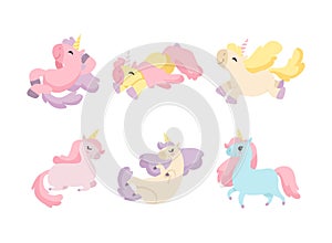 Cute Unicorn Character with Pointed Spiraling Horn and Colorful Mane Vector Set