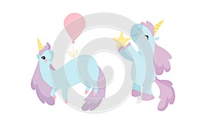 Cute Unicorn Character with Pointed Spiraling Horn and Purple Mane Holding Star and Flying with Balloon Vector Set