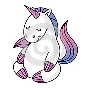 Cute unicorn character who meditates like yoga. Print for baby clothes. Vector