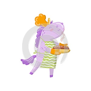 Cute unicorn chef character holding freshly baked pie, funny magical animal cartoon vector Illustration