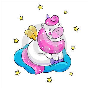 Cute unicorn on the cloud with stars. Design for sticker, t shirt, card, cover. Colorful magic illustration.