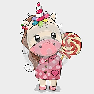 Cute Unicorn in coat and with Lollipop
