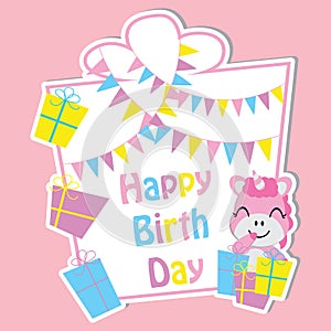 Cute unicorn with colorful gift boxes and flag on frame vector cartoon, Birthday postcard, wallpaper, and greeting card