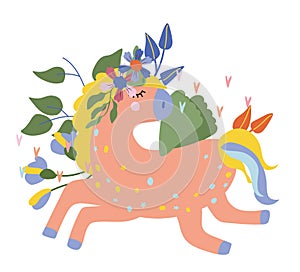 Cute unicorn with colorful the tail, flowers and leaves. Fantastic Unicorn in flat style. Fairy horse for your design