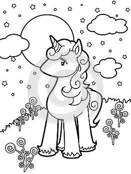 Coloring sheet of Cute unicorn in the moonlight and stars photo