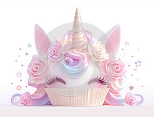 Cute unicorn cupcake drawing on pastel background, greeting card