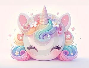 Cute unicorn cupcake drawing on pastel background, greeting card