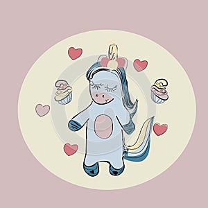 Cute unicorn with cupcake and hearts It can be used for card, sticker, patch, phone case, poster, t-shirt, mug etc. Hand