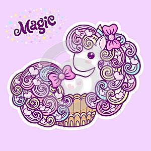 Cute unicorn cupcake on a pink background. Kawaii, child& x27;s drawing. Vector