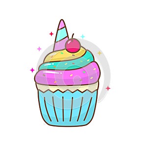 Cute unicorn cupcake vector illustration in cartoon style