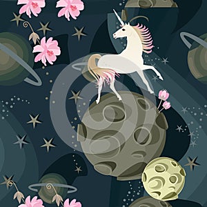 Cute unicorn and delicate pink flowers against a background of space with planets and stars in a vector. Seamless pattern.
