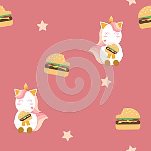 Cute unicorn is eating burger fabric seamless cute pattern