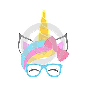 Cute unicorn face with bow and sunglasses. Unicorn head. Vector