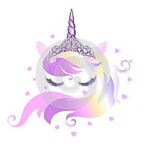 Cute unicorn face with closed eyes wearing a rainbow mane tiara.