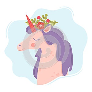 Cute unicorn face. Funny character with flowers decoration. Cartoon illustration for children`s fashion fabrics, textile graphics