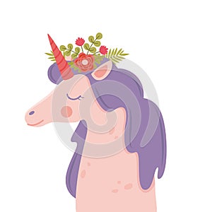 Cute unicorn face. Funny character with flowers decoration. Cartoon illustration for children`s fashion fabrics, textile graphics