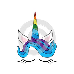 Cute unicorn face. Funny character with rose flowers. Card and shirt print design. Colorful