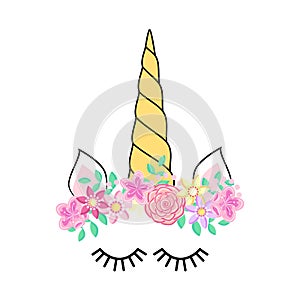 Cute unicorn face. Funny character with rose flowers. Card and shirt print design. Colorful