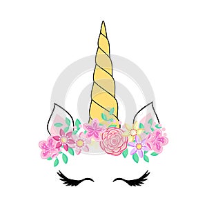 Cute unicorn face. Funny character with rose flowers. Card and shirt print design. Colorful