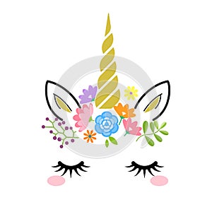 Cute unicorn face with gold horn and flowers isolated on white background. Vector cartoon character illustration.