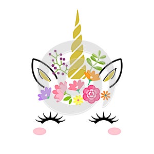 Cute unicorn face with gold horn and flowers isolated on white background. Vector cartoon character illustration.