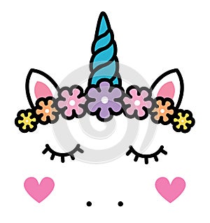 Cute unicorn face with pastel rainbow flowers isolated