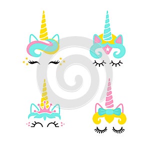 Cute unicorn face set.Unicorn head.Vector illustration.Cute illustration - card and shirt design.Cartoon eyelashes. Crown,bow deco