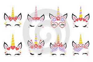 Cute unicorn face vector. Set for Valentines Day. Funny faces